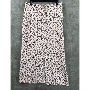 Cynthia Rowley Linen Midi Skirt Size 4 White Red Floral Button Down Pockets